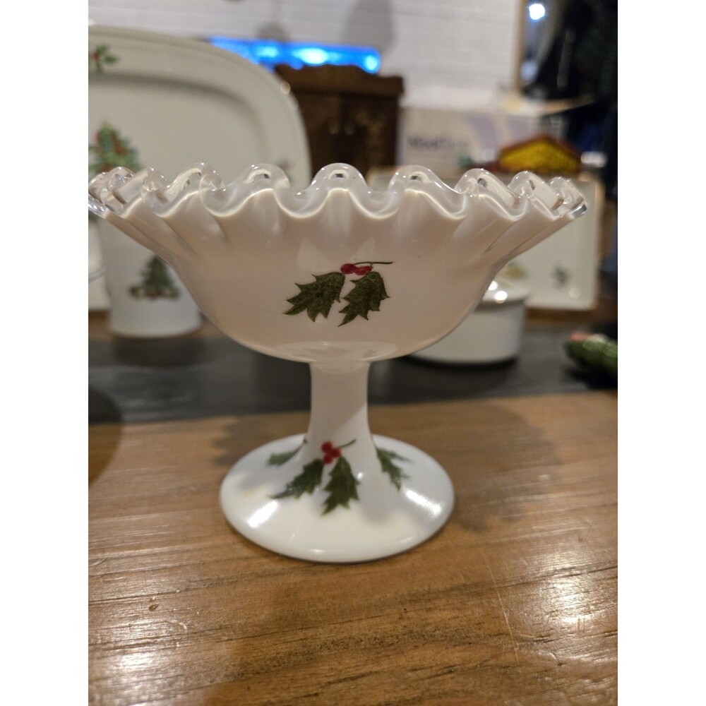 vintage Fenton white milk glass compote hand-painted holly Signed